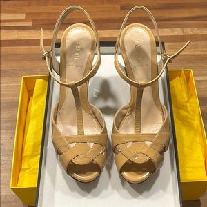 Fendi Patent Leather Strap Sandal Logo Wedge